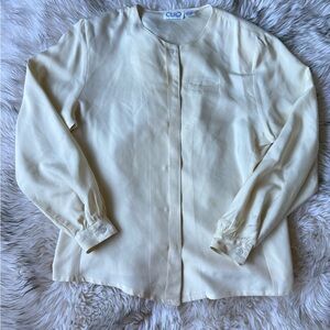 CLIO 100% Silk Blouse Size 8 Ivory Shoulder Pads Button Front Made in Hong Kong